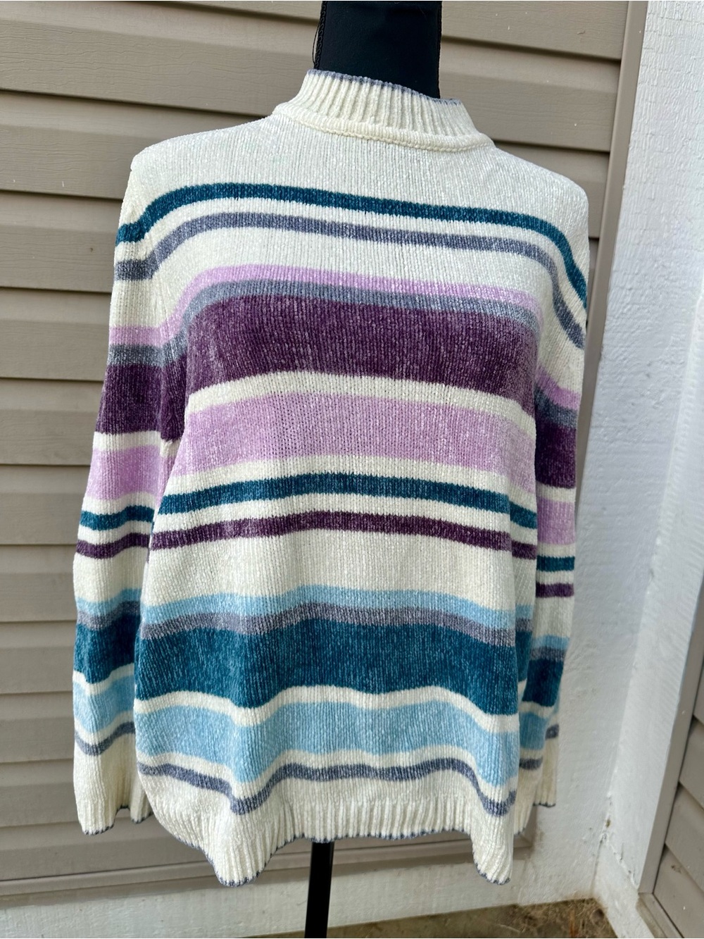 Alfred Dunner Vintage Cream Sweater with Teal, Purple & Lilac Stripes